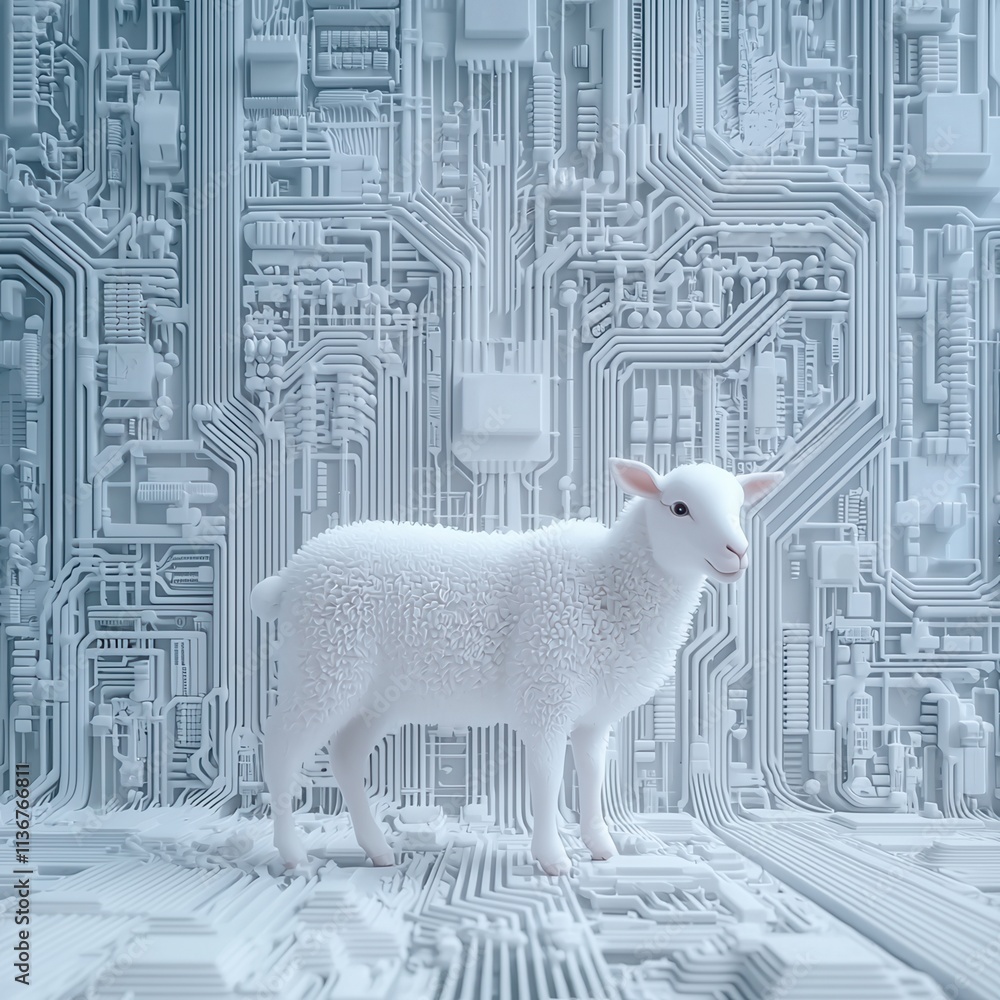 Poster a surreal blend of nature and technology, featuring a sheep in front of a complex circuit board back