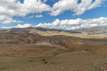 Altai Mars number one (multicolored mountains). Kyzyl Chin valley, also called as Mars valley. Chagan Uzun village, Altai republic, Russia. 