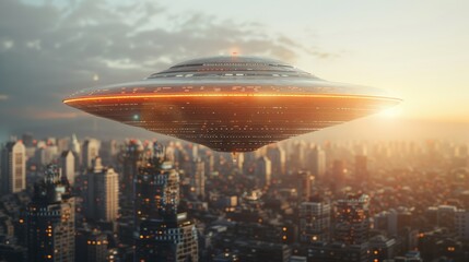 Naklejka premium A futuristic flying saucer hovering above a cityscape at sunset.