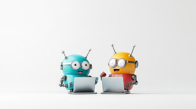 Two robots are sitting in front of a laptop, one is blue and the other is yellow