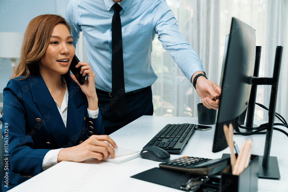 Poster businesswoman calling with business partner on mobile phone while calculating stock exchange value d