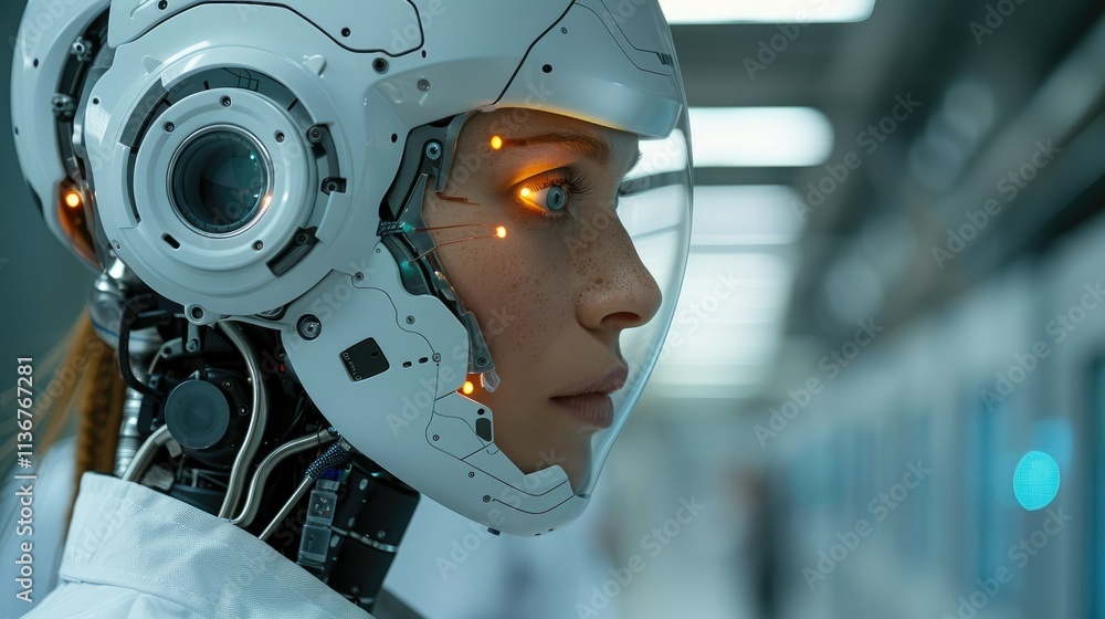 Poster A futuristic humanoid robot with a sleek helmet and glowing features in a high-tech environment.