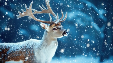 A regal male deer in a winter woodland blanketed with snow presents an artistic Christmas setting