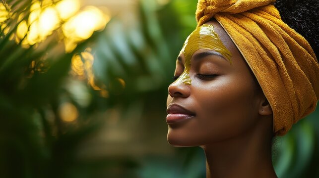 African Woman relaxing in nature with yellow head wrap and greenery around