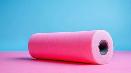 Pink foam roller fitness equipment, isolated close-up, muscle recovery and stretching tool, workout accessory on pastel blue and pink background for sports, health, exercise, wellness concepts