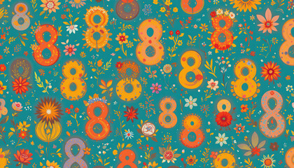 Fototapeta premium Spring pattern consisting of flowers and the numbers 8, suitable as a background for long-distance women's day.