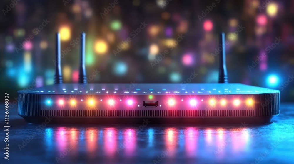 Poster wireless router with colorful led lights glowing, modern technology device for internet connection, 