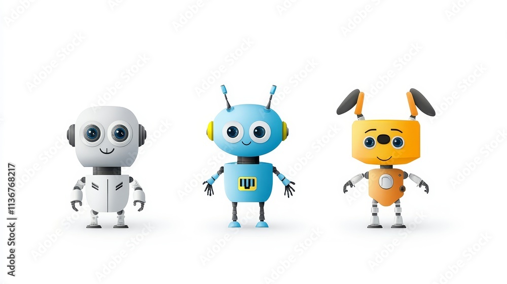 Poster three robots with different colors and sizes