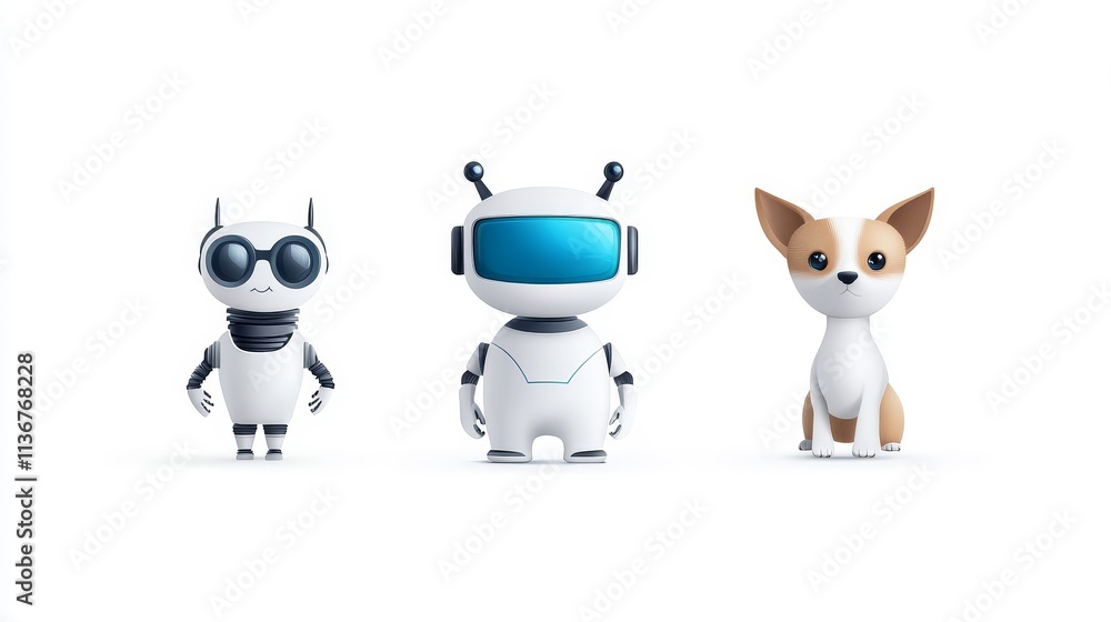 Poster three robots and a dog are standing in a row