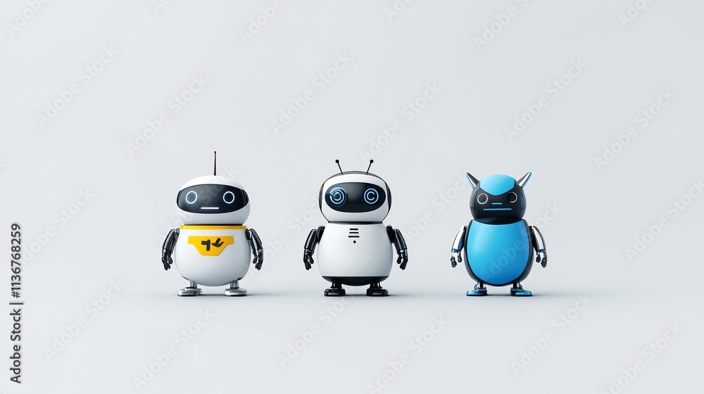 Poster three robots of different sizes are standing next to each other