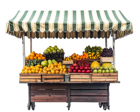Fruit stall with a variety of fruits and a striped canopy, isolated on white.
