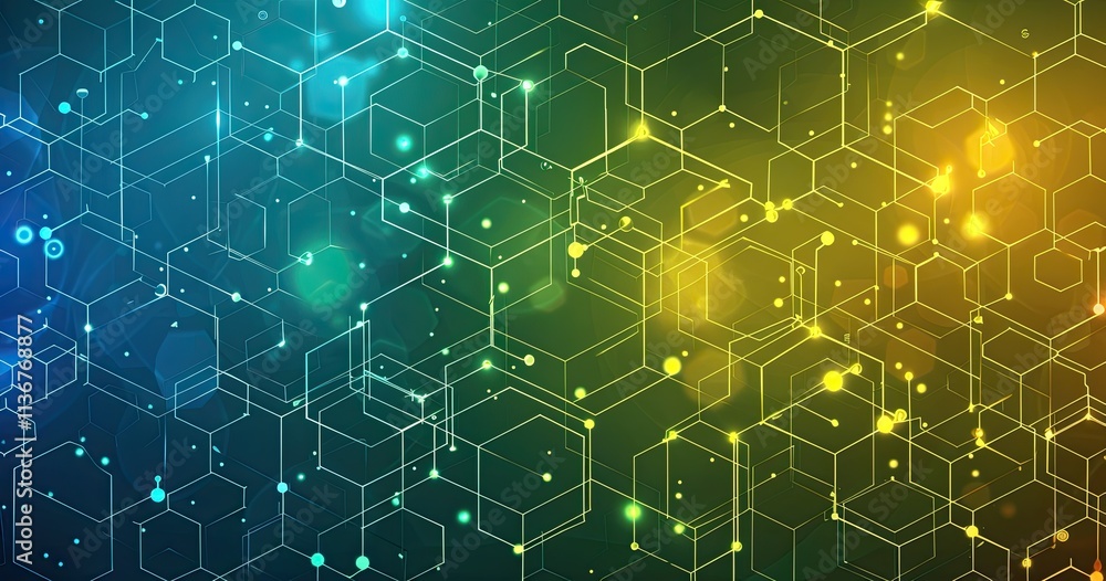 Poster abstract geometric pattern with hexagons and glowing elements in vibrant colors.