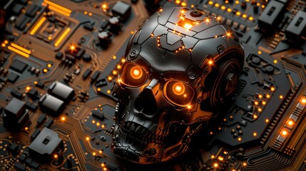 A futuristic skull design integrated with a circuit board, featuring glowing orange lights.