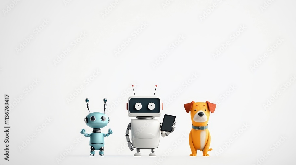 Poster three robots and a dog are standing in front of a white background