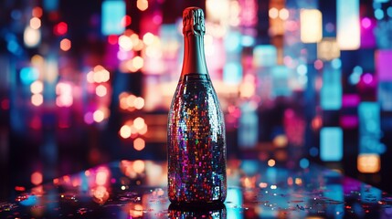 mirror tile covered champagne bottle with confetti for a New Year party