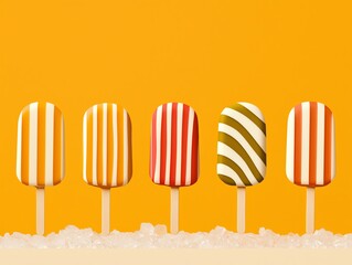 Obraz premium Bright and colorful smoothie popsicles displayed on a bed of crushed ice
