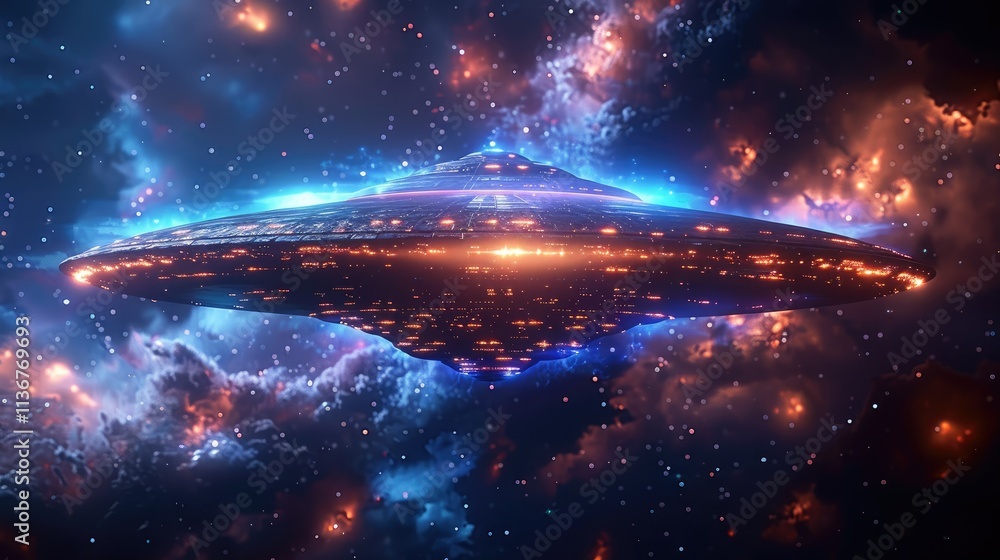 Poster a futuristic spaceship hovering in a vibrant cosmic scene filled with stars and nebulae.