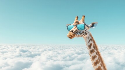 Obraz premium A comical giraffe with shades appears through the clouds