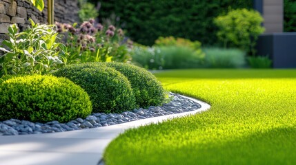 Obraz premium Lush Green Garden Landscape Design Modern Lawn Plants Stones