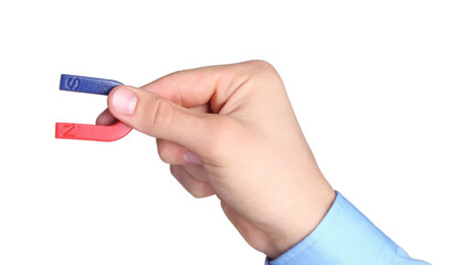 Man with horseshoe magnet on white background, closeup