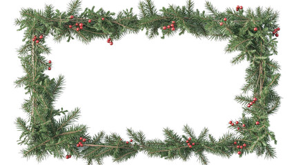 3D-rendered rectangular frame made of pine branches with ornaments and lights. Sharp HDR detail with no blur, isolated on a clean white background, perfect for festive and holiday designs.

