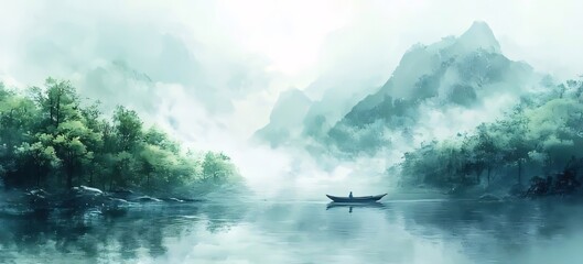 Serene misty lake landscape with lone boatman.