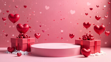 Happy Valentine Day background with cylindrical podium for promotion. Round stage for presentation sale product. Stage pedestal or platform in snow between pink hearts, pink gift boxes