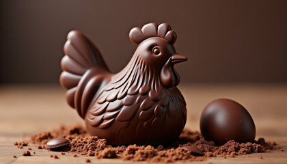  "Close up of a chocolate chicken figurine on a bed of chocolate shavings."
