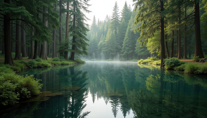 Obraz premium Tranquil forest lake with misty morning light reflecting on the surface