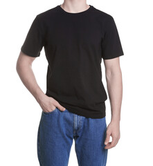 Obraz premium Man in stylish t-shirt on white background, closeup. Mockup for design