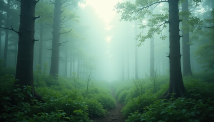 Fototapeta premium A mysterious and enchanting forest scene with dense fog and a path leading into the unknown