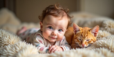 A heartwarming scene of a baby and a playful kitten cuddling together on a cozy blanket, evoking feelings of warmth and joy.