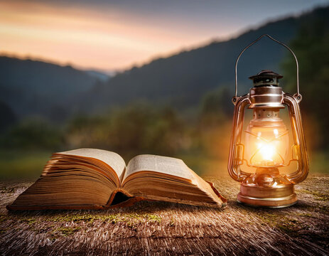 An open book lies next to a glowing vintage oil lamp against a scenic mountain sunset background.