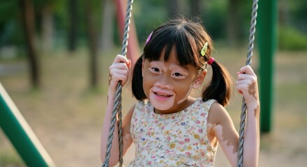 Joyful young asian girl with vitiligo enjoying a summer day on a swing in a sunlit park