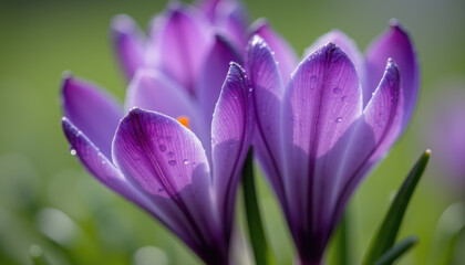 Close up of a white crocus blooming in springtime, with delicate petals and a soft pastel color