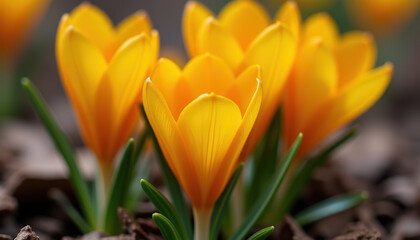 Fototapeta premium Close up of a white crocus blooming in springtime, with delicate petals and a soft pastel color