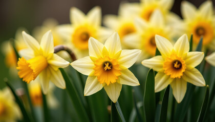 A cluster of yellow daffodil flowers in a field of green foliage