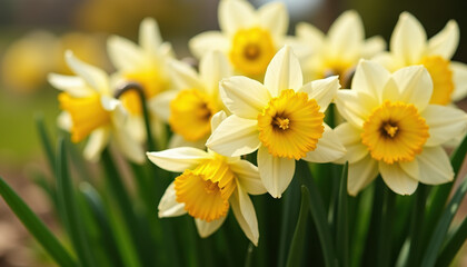 A cluster of yellow daffodil flowers in a field of green foliage