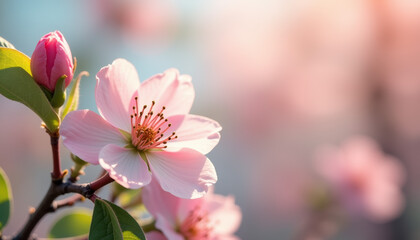 Obraz premium Close-up of delicate pink blossom flowers on a branch, with a soft, pastel background, perfect for spring and nature themed designs.