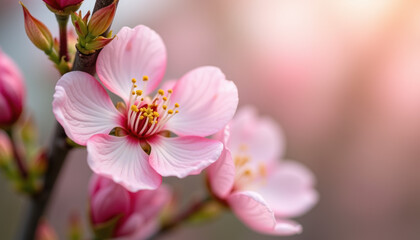 Fototapeta premium Close-up of delicate pink blossom flowers on a branch, with a soft, pastel background, perfect for spring and nature themed designs.