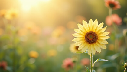 Pink flower in a field of flowers at sunset