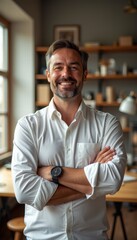 Obraz premium Confident businessman smiling in a modern office setting, ideal for corporate, professional, or motivational content.