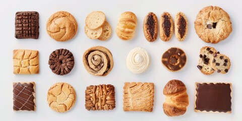 Variety of assorted baked goods. Assortment of cookies, breadstuff on a white background, full frame. Various kinds of pastries arrangement. Healthy snacks. Bakery products. Bread making business.