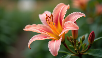 Close-up of a delicate pink lily flower blooming in a garden.
