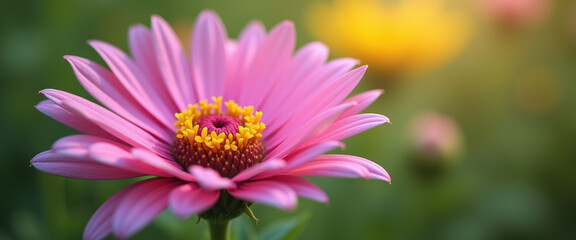Obraz premium Close up of a beautiful pink flower blooming in a field of flowers, with a soft, warm light shining on it.