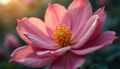 Obraz premium Close up of a beautiful pink flower blooming in a field of flowers, with a soft, warm light shining on it.