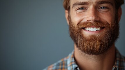 Obraz premium A smiling man with a beard, showcasing a friendly and approachable demeanor.