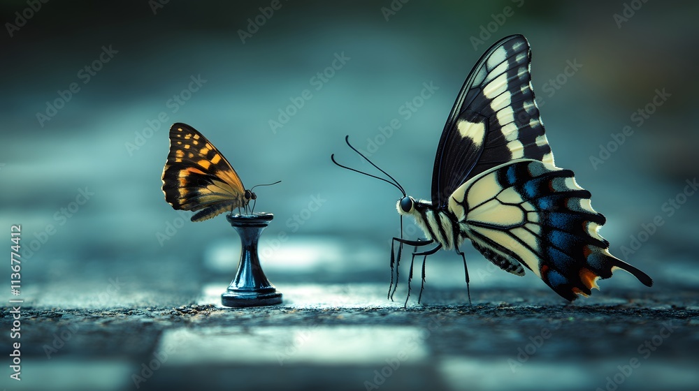 Poster two unique butterflies facing each other next to a small chess piece on a blurred background in natu