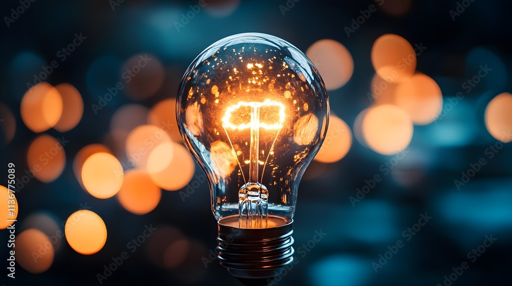 Poster a close-up of a glowing light bulb with sparkling inside, against a dreamy background of blurred ora