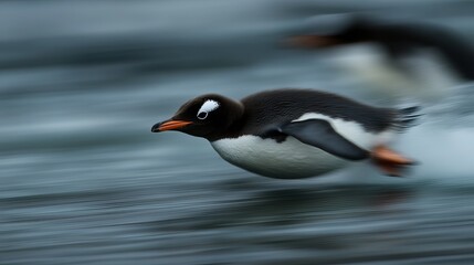A sleek Gentoo penguin glides swiftly through the icy waters, showcasing its agile movements and striking colors.